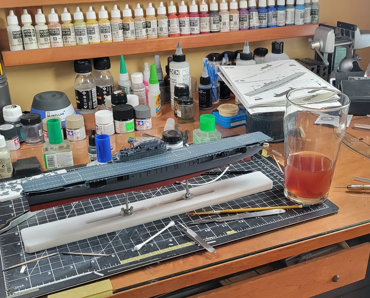 I was going to paint the deck markings on Enterprise,  but decided to give the decals a go. Despite being too bright white, they went down nice. Weathering will dull them a bit. In the glass is what's left of a bottle of Old Mure Tilquin, a Belgian Lambic style, brewed with blackberries.